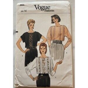 VOGUE 8805 Sewing Pattern Top Blouse Shirt Pullover Lace Sz 14  UC VTG 80s Scoop